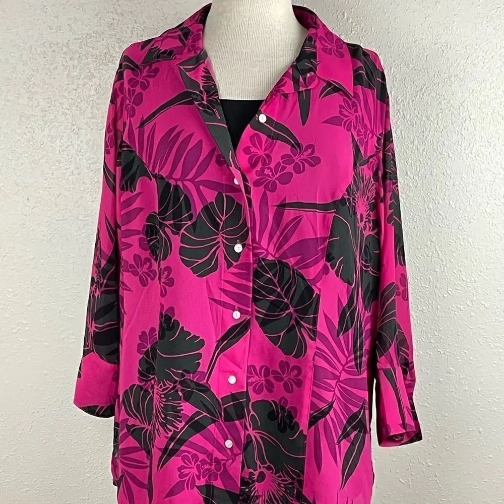 EUC Laura Scott Womens Floral Button Down Pink and Black Blouse Size 16W